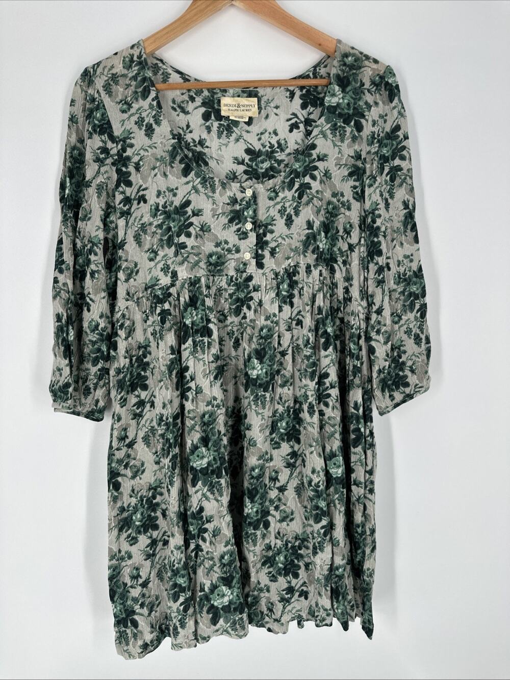 Ralph Lauren Denim & Supply VTG Green Floral Peasant Prairie Babydoll Dress Med
